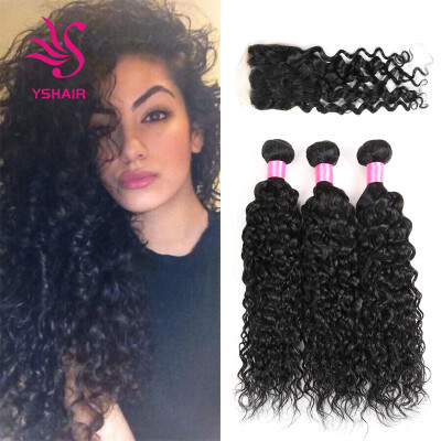 

YS HAIR 7A Grade Peruvian Water Wave 3 Bundles with Closure Uprocessed Virgin Hair with 4"4" Lace Closure Free Part