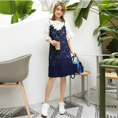 

Sustory womens 2017 summer Korean version of the ruffled five-point sleeve round neck T-shirt suspenders lace skirt suit dress two-piece SU283 picture color XL