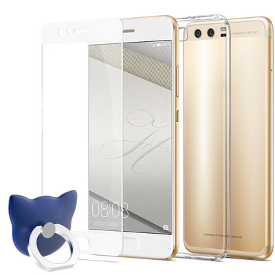 

[Shell three-piece set] ESCASE Huawei P10 phone shell / Huawei P10 steel film full-screen white to send the ring buckle blue all-inclusive anti-drop high soft shell