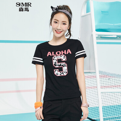 

Semir Semir short sleeve T-shirt summer ladies round neck letters printed straight t-shirt Korean version 12216000038 ice blue M