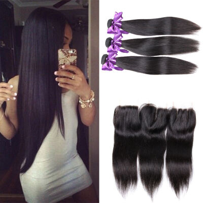 

Brazilian Virgin Straight Hair Weave 3 Bundles with 1 Piece Closure 100 Unprocessed Human Hair Extensions With Lace Closure