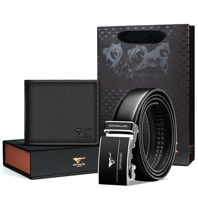 

Seven wolves mens belt gift set automatic buckle leather belt male first layer leather mens wallet belt gift box set L9427 black