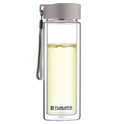 

Fuguang portable cup double glass explosion-proof heat-resistant large capacity glass cup cup tea cup mens glass cup with rope cup 420ML gray