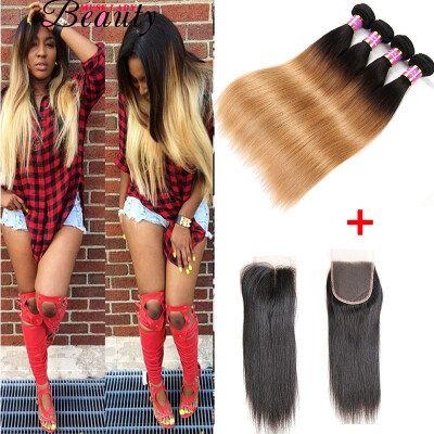 

Ombre Brazilian Hair T1B/27 4 Bundles With Closure Muse Lady Beauty Hair Products Blonde Weave Bundles Brazilian Straight