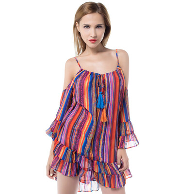 

Women's new Europe and the United States temperament rainbow condole belt falbala lace-up dress