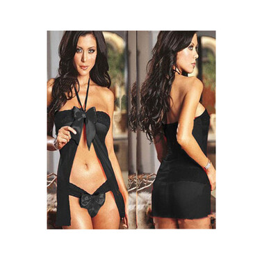 

CXHOWE 2015 Women Sexy Lingerie Intimates Halter Bow Open Front Sleeveless Mini Babydoll Underwear Erotic Night Sleepwear Set