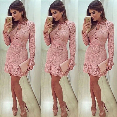 

CANISNew Womens Summer Lace Long Sleeve Party Evening Cocktail Short Mini Dress