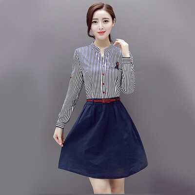 

Markentsee 2017 women&39s autumn single-row buckle two long-sleeved POLO collar elastic waist striped striped chiffon dress XMYR9973 picture color M
