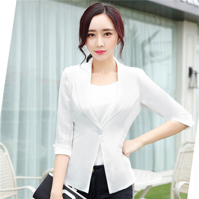 

Women Linen Half Sleeve Blaser 2017 New Elegant Casual Candy Color Single Button Plus Size Work Blazer Office Jacket PinkWhite