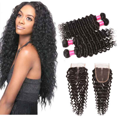 

Virgin Peruvian Hair Bundles With Closure 7A Deep Curly Lace Closure Middle Part 4 Bundles Peruvian Virgin Hair With Closure