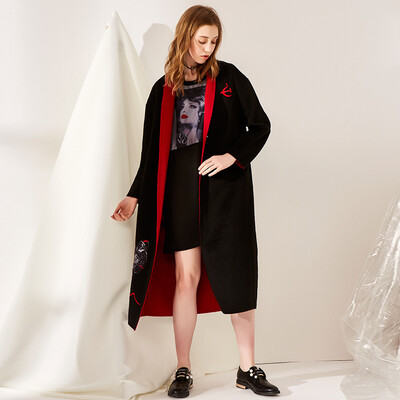 

Mark Huafei women 2017 autumn woolen coat double-sided it long section coat collar collar hit color coat female black S