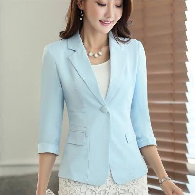 

Womens Casual Work Office Blazer Jacket 3/4 Sleeve Notched Collar Single Button Pockets Design Spring Fall Slim Lady Outwear