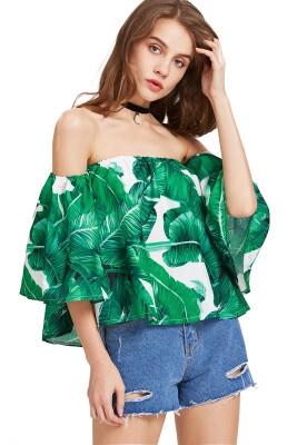 

New summer dress a word shoulder sleeve printed chiffon blouse female a lotus leaf