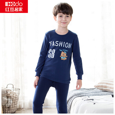 

Red beans home Hodohome children&39s underwear set boys&girls cotton print pattern round neck pajamas autumn clothes pants suit sky blue 13070