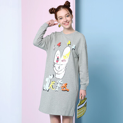 

Mark Huafei Women 2017 Summer New Long Sleeve Dress Cartoon Print Dress Gray