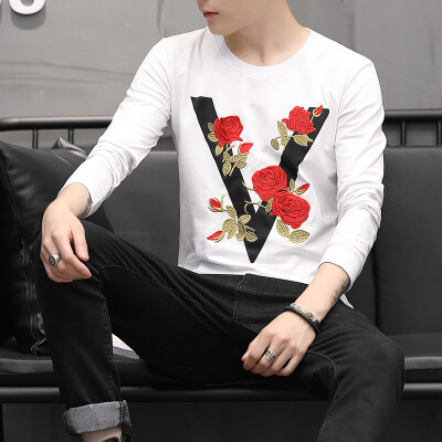 

2017 autumn new men's sweater youth self-cultivation embroidery casual men's t-shirt as gift for men