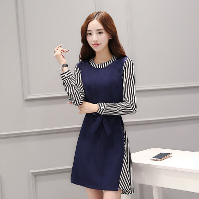 

Fort Sheng 2017 new women' autumn fashion Slim temperament round neck stripes elegant simple small fragrant wind splicing dress zx16092101 picture color