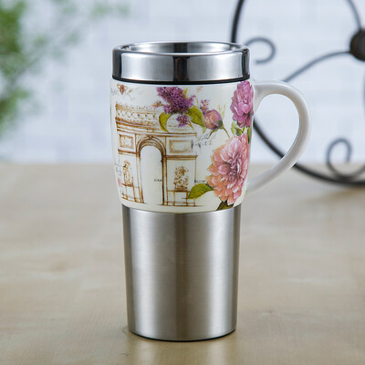 

A Ting Stainless Steel Car Mug Coffee Cup Ceramic Handle 16 oz