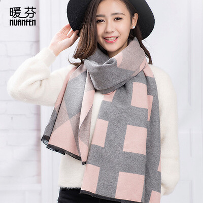 

Warm Fen NuanFen scarf female winter bib dual-use cashmere striped plaid cloak Korean long thick shawl TS600WJH plaid pink light gray