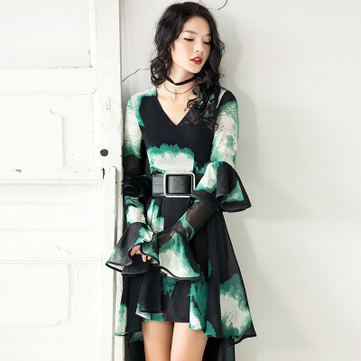 

Wei Ya Ji new chiffon dress female 2017 autumn high waist Slim lotus leaf long sleeves irregular retro dress