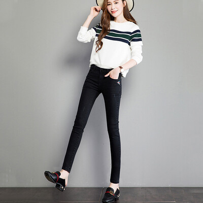 

JOY OF JOY 2018 autumn new womens embroidery denim trousers ladies casual pants stretch feet pants womens pants tide JWKN186249 A0004 black 27