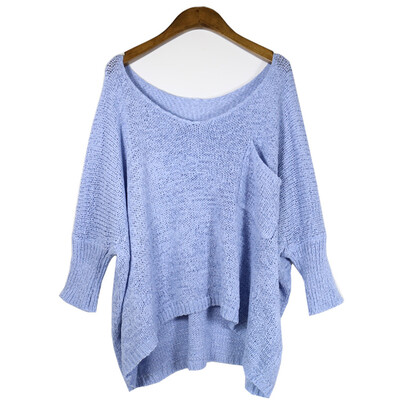 

Autumn and winter large size loose low collar collar sweater female bat sleeve hollow sweater