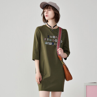 

Yixiang Liying 2017 autumn new Korean loose loose sequins alphabet seven sleeves knit dress children 160815808 green green S