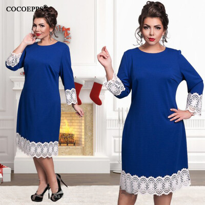 

COCOEPPS fashionable lace plus size women dress 2017 casual NEW blue Knee-Length Dresses big size women Long sleeve loose dress