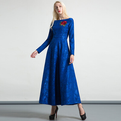 

DF · RS Paul blue jacquard dress long section knee 2017 autumn&winter new round neck waist dress