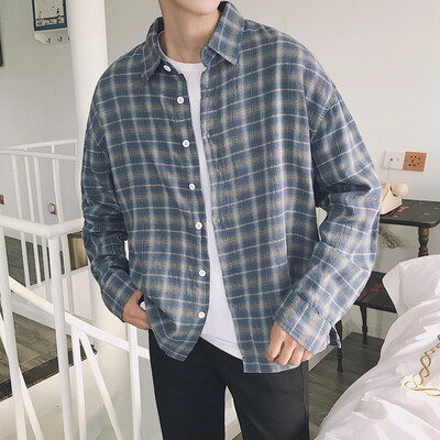 

2017 autumn new men loose casual lattice long sleeve shirt fashion youth shirt