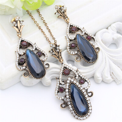 

Vintage Turkish Women Crystal Jewelry Sets Water Drop Long Earring Hollow Resin Necklace Antique Gold Color India Bridal Bijoux