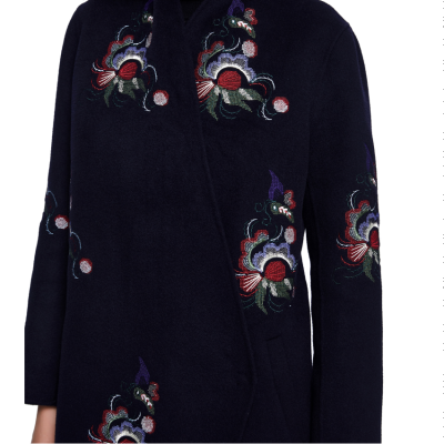 

Floral pattern embroidered black wool overcoat