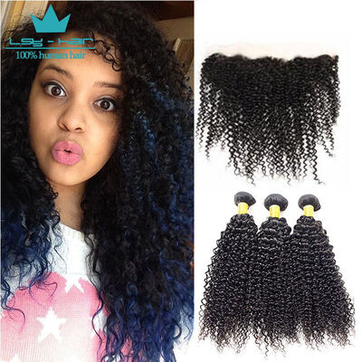 

Raw Indian Hair With Closure Top Selling 13x4 Lace Frontal With Bundles Natural Black 3Pcs Kinky Hair With Frontal Human Hair