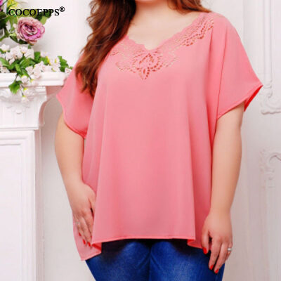 

COCOEPPS Chiffon Casual Lace Summer Tops Big size 2017 Solid Short Sleeve V-Neck Plus Size Women Blouse Feminine Clothing L-6XL