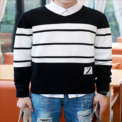 

2017 autumn new self-cultivation fashion fight color wool sweater youth student V collar collar tapping shirt sweater sweater