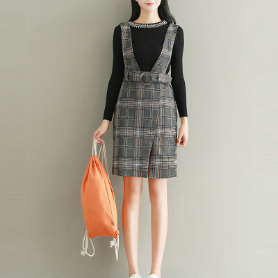 

City plus CITYPLUS 2017 autumn&winter new women&39s literary&artistic wild self-cultivation package buttocks one step under the skirt woolen lattice Gary strap dress CWQZ179268 gray grid L