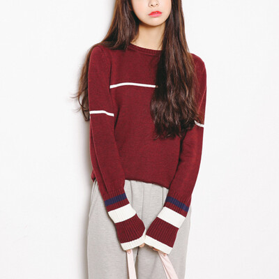 

City plus CITYPLUS 2017 autumn&winter new women&39s art wild stripes hit color long-sleeved round neck sweater CWYC178470 wine red uniform