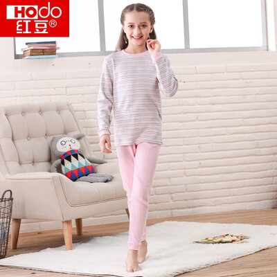 

Red beans children's warm underwear suit men and women in the big children low round neck autumn and winter Shu Rong red bean velvet youth stripes plus cashmere coat HDR27010 pink strip 120