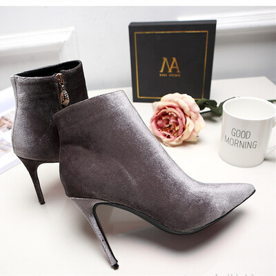 

Jiabaisi Shoes Women boots zipper Velours Over ankle high heel boot Pointed toe Stiletto Party Dress Heels boots