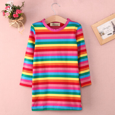 

Toddler Girls Kids Party Rainbow Striped Dress Casual Long Sleeve Cotton Tops