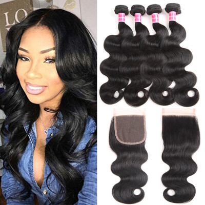 

Fine Plus Brazilian Virgin Hair Weave Body Wave 4 Bundles with 4×4 Free Part Closure Unprocessed Virgin Human Hair Natural Color