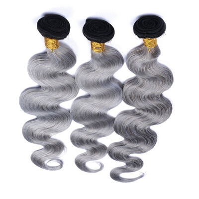 

4 Bundles 1bGrey Ombre Brazilian Human Hair Bundles Body Wave two Tone Color 12"-24" T1B Silver Grey Human Hair Weave