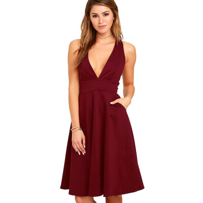 

Women Dress Deep V Backless Dress With Pockets