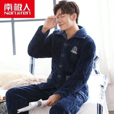 

Antarctic pajamas mens three-layer thickening coral fleece quilted pajamas autumn&winter mens plus velvet flannel cotton jacket home service suit NJR17025 mens navy blue