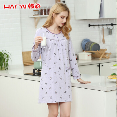 

Han Cai HACAI pajamas women spring&autumn round neck long sleeve cotton ammonia cute female nightdress gray purple 16590