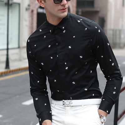 

2017 autumn new men's cotton Oxford three-color lapel print long-sleeved shirt light luxury business casual men's clothing