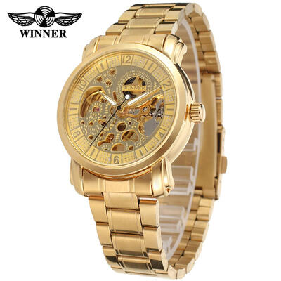 

WINNER Mens Gold Mechanical Watch Luxury Skeleton Bracelet Dress Wristwatch Automatic Watches