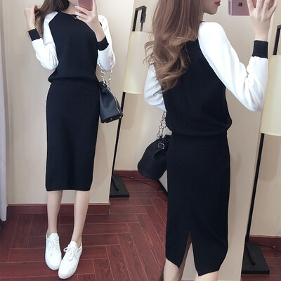 

sustory Women&39s 2017 autumn&winter knitted sweater dress Korean version of the temperament two-piece ladies package hip suit skirt SRSU111 black L