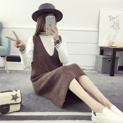 

sustory Women' 2017 autumn and winter Korean version of the sleeveless solid color sweater sets of wool sweater dress sweater dress SRSU017 army green