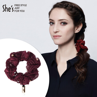 

She's hair accessories hair ring hollow lace fabric tray hair tail hair rope rope A0 Red